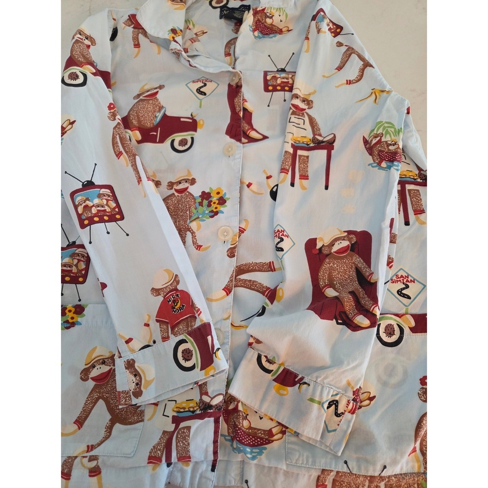 Nick & Nora Pajama Top L Blue Sock Monkey Button Front Sleep Shirt VTG Cotton - Picture 8 of 12